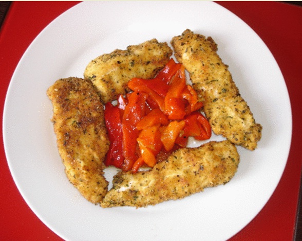 pollo empanado pimientos Pollo empanado al ajillo con pimientos rojos